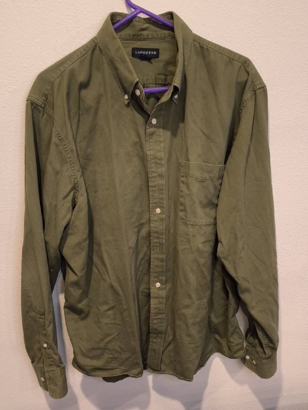 Lands' End Olive Green Long-Sleeve Button-Down Shirt Cotton Men's XL
